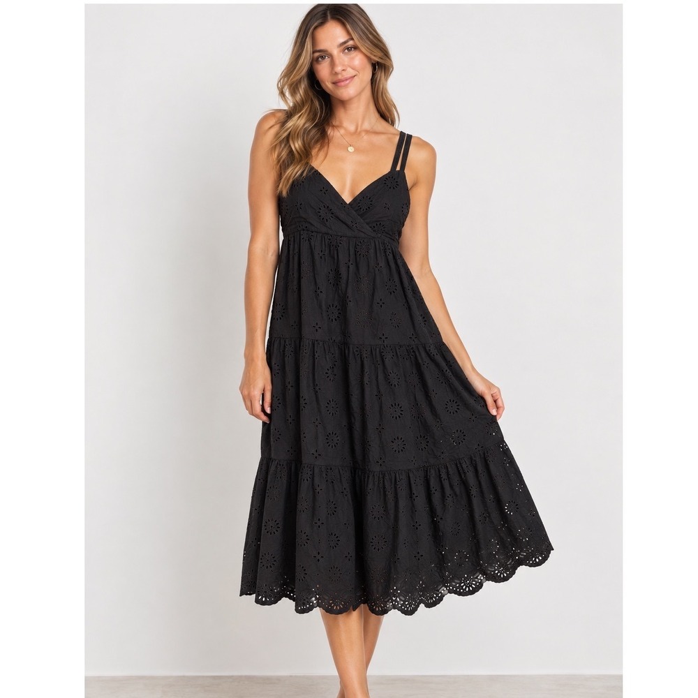 Zara Black Cotton Eyelet Embroidery Tiered Midi Dress Small Smocked Back Strappy
